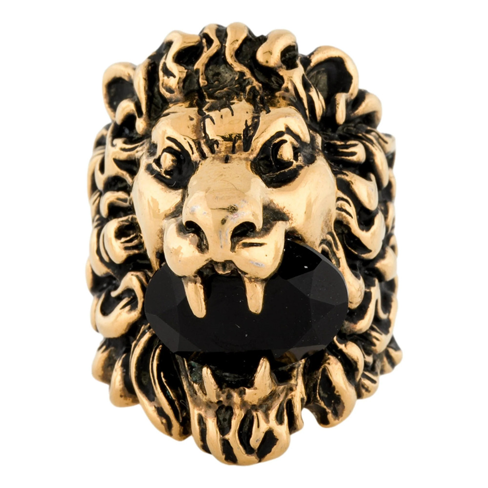 Gucci Lion Head King Ring With Crystal Aged Gold and Black